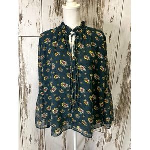 Loft Green Floral  V-Neck Bell Sleeve Blouse